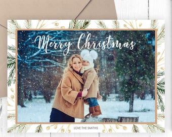 Photo Christmas Card, Gold, White, Green, Pine, Holiday Card, Printable, Printed