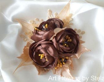 Chocolate flower hair clip Coffee flower clip Bohemian lace hair accessory BohoChic fascinator Bridal gold rose Bridal satin rose
