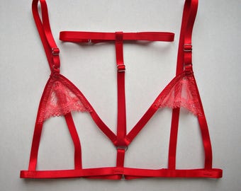 Lace bra, Red bralette, Cupless bralette, Cage bra, See through bra, Erotic bralette BDSM bralette Transparent bra Strappy bralette Sexy bra