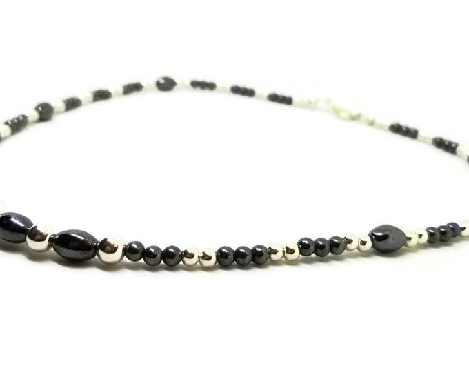 Hematite Beaded Necklace, Black and Silver Necklace, Gemstone Necklace, Unisex Necklace, Unique Birthday Gift