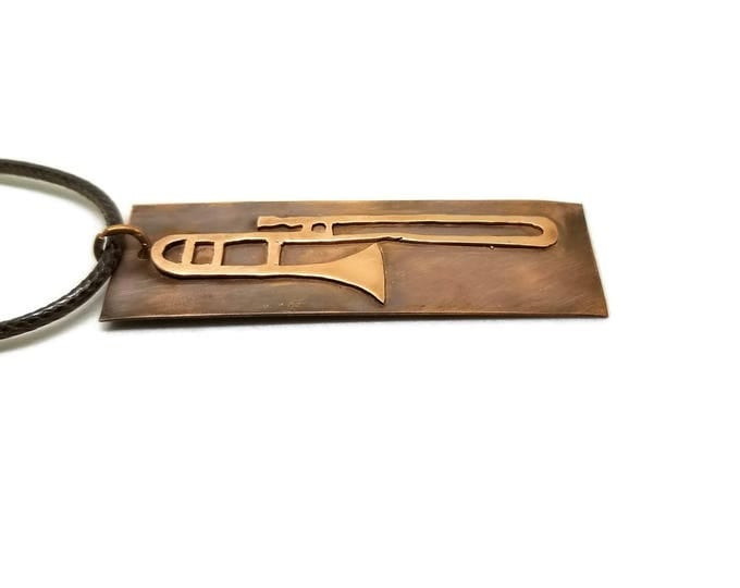 Copper Trombone Pendant, Hand Sawn Trombone Key Chain, Band Jewelry, Brass Instrument, Unique Birthday Gift, One of a Kind