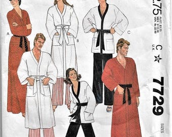 SALE McCall's Sewing Pattern Vintage 7729 Misses & Men's Size XS Bust 30-32 Robe Jacket Pants Pajamas Patch Pockets Tie Belt Drawstring
