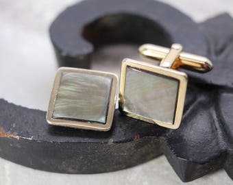 Vintage Swank cufflinks gold-tone, mother of pearl background, square estate cufflinks, gifts for him, Father's Day gift, vintage jewelry