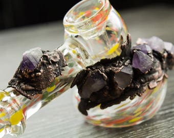Glass Tobacco Pipe, Electroformed Glass, Electroplated Glass, Mermaid Glass, Glass Art, Amethyst, Gem studded