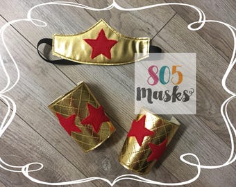 Wonder Woman Costume, Super Hero Headband and Arm Bands, Wonder Woman Headband, Wonder Woman Arm Cuffs, Baby Kids Halloween Costume