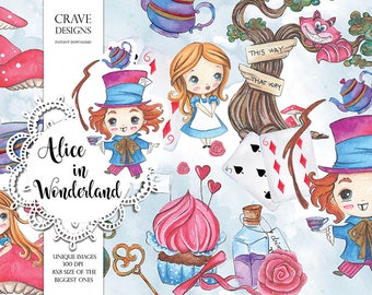 Alice in Wonderland #3 Clipart Alice Clip Art Watercolor Alice Adventures Mad Hatter Tea Party Eat Me Drink Me Cat Illustration