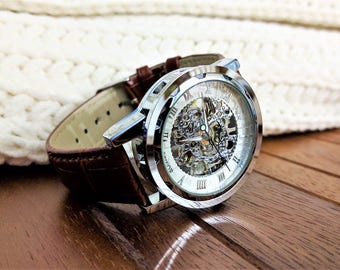 Custom engraved wrist watch, personalized man watch, groomsmen gifts, steampunk watch, mechanical wedding watches, best man gift, leather