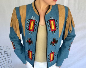 Mexican Designer Rojo Embellished And Appliqued Vintage Jacket Jean Jacket Leather Jacket Western Statement Jacket Size Small