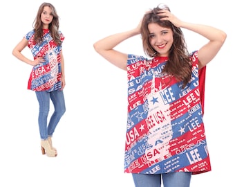 Tee Dress 90s Independence Day Print Red White Blue Oversized T-Shirt Sleeveless Printed Cotton Tank Top Cut Off Sleeve Muscle Tee size XL