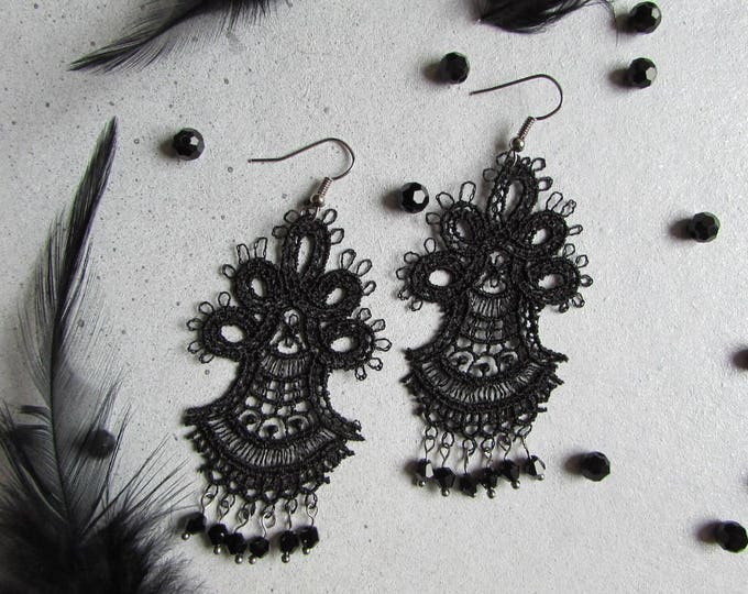 Long Gothic Earrings Black Dangle Earrings Matte Lace Drop Earrings Victorian Gothic Jewelry Victorian Mourning