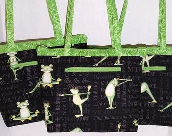 Zippered Large Purse - Yoga Frog print with Green interior