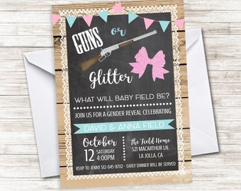 Guns or Glitter Gender Reveal Invite Invitation Digital 5x7 Lace Wood Rustic Country Party