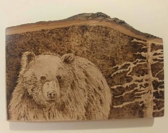 Wood burning art, wood painting, bear painting, gift for him, natural gift, handmade wood art, wooden art, pyrography art, burned painting