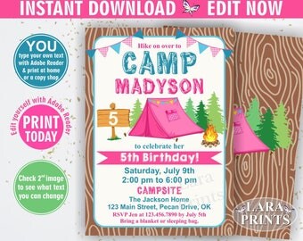 INSTANT DOWNLOAD / edit yourself now / Camp Birthday Invitation / Camping Invitation / Bonfire party invite / Glamping / Rustic Wood BDCamp8