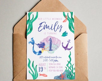 Mermaid Invitation Birthday Girl Mermaid Party Theme Invites Under the Sea Birthday Party Watercolor Printable JPEG or PDF Digital Download