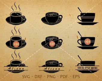 Coffee SVG, Coffee Cup Monogram SVG with Circle Font, Cutting Template for Silhouette Studio & Cricut (svg, dxf, png, eps)