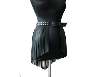 Leather fringe belt, fringe skirt, women harness, leather skirt long, women belt