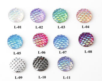 wholesale 100 Pieces /Lot Assorted colors 12mm resin Mermaid cabochon fish scale