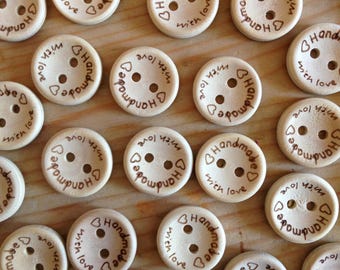 10 Piece Round 15mm Wooden Buttons 'Handmade With Love' Buttons for Clothing Sewing Scrapbooking