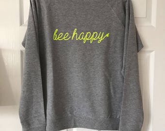 be happy sweater, womens sweater, summer jumper, slouchy sweat, bee happy, ladies sweater, grey, fashion, neon jumper, metallic sweater