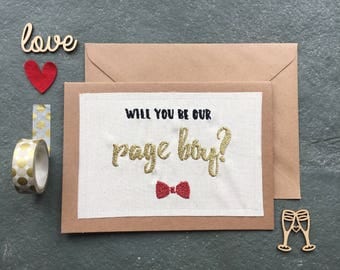 Will you be our Page Boy Metallic Embroidered Fabric Handmade Card with Blank Insert - Gold or Silver - Wedding - Wedding Party