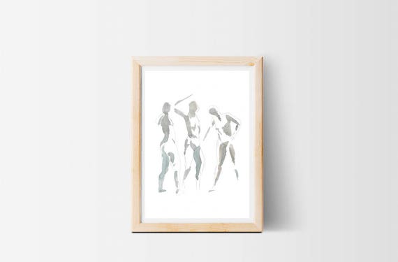 Three Nudes Watercolour And Pencil Figures Minimal