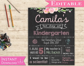 First day of School Editable Sign Chalkboard Girl Back to School 1st day of School, DIY Printable Photo, Shabby Chic, Pink and Mint, Flowers