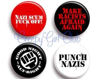 Make Racists Afraid Again Antifa Pin Set: Punch Nazis, Nazi Scum Fuck Off, Good Night Alt-Right