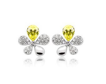 Yellow Crystal Stones Flower Butterflies Earrings Jewellery Womens Love - Perfect Gift Present Birthday Ladies Girls Children Xmas Ear Ring