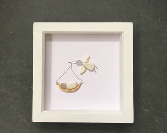 Cornish pebble, sea glass and sea pottery art. Framed picture. New baby gift. Stork delivering baby. Beach art.
