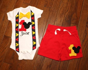 Mickey Mouse Birthday Outfit with Suspenders, Bow Tie and Shorts