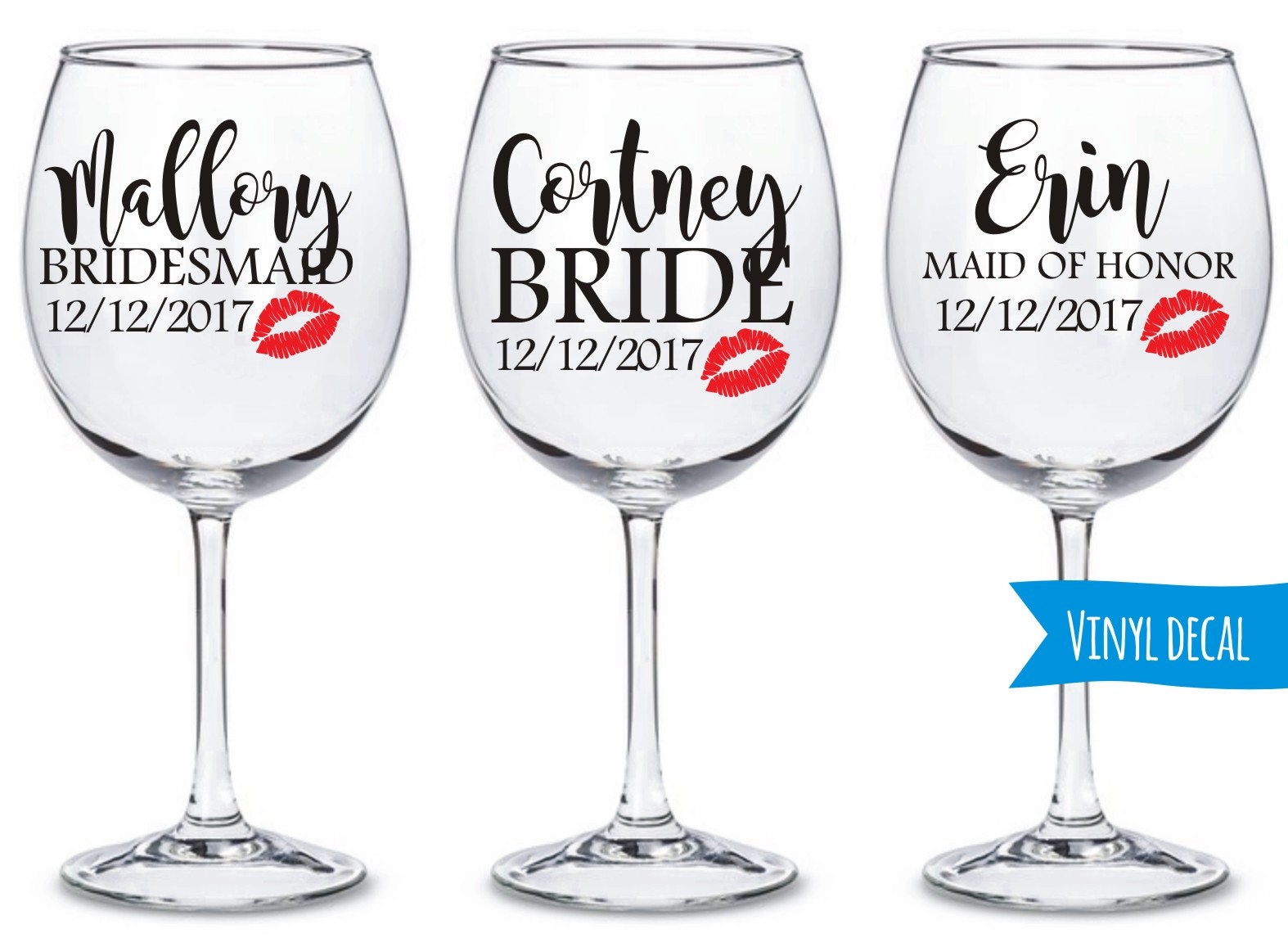 Personalized Bridal Party Wine Glass Decals with Lips/ Custom