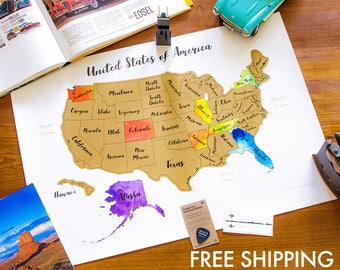 100% Made in USA - Free Shipping in USA - Scratch Map Large format - Watercolor - 23.5"x17" (60x43cm) - With Pick and Gift Sticker