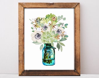 Hydrangea, Anemones, Eucalyptus Leaves, Farmhouse Decor, Farmhouse Signs, Fixer Upper, Floral Art Print, Printable Art, Digital Download