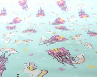 fairytale fabric, rainbow fabric, unicorn fabric, unicorn print, childrens fabric, teal fabric, girls fabric, Riley Blake fabric Style