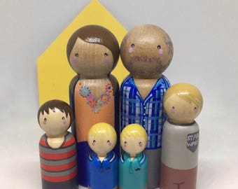 Custom Peg Doll Family of 5 Peg People painted to match your