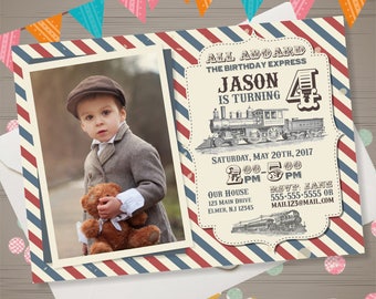 Train Birthday Invitation Vintage Train Invitation Train Party Invite Retro Train Invite Railroad Birthday All Aboard Invitation with Photo