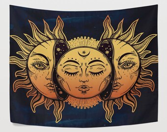 Moon and Sun Faces Celestial Mystic Tapestry Wall Hanging Psychedelic Golden Dark Blue Wall Decor Art for Bedroom Livingroom Dorm