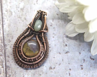 Heady Wire Wrapped Pendant, Rhyolite and Amazonite, Heady pendant, Hippy necklace, Rhyolite pendant, Amazonite pendant, Boho jewelry