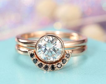 Engagement ring set Rose gold engagement ring Vintage Moissanite Curved Black diamond wedding women Antique Stacking Bridal Jewelry Promise