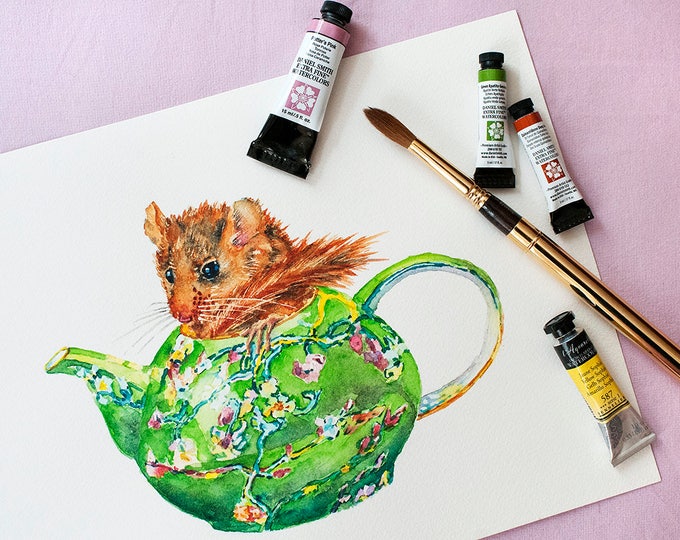 Dormouse Teapot Painting Original Watercolor Lewis Carroll Illustration Hazel Dormouse in Teapot Art Watercolor Painting Alice in Wonderland