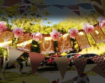 Burlap bunting or banner with name and roses