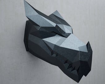 Papercraft Dragon Head Trophy, papercraft 3D, paper model, DIY black dragon paper sculpture, pattern, animal paper craft PDF, pepakura