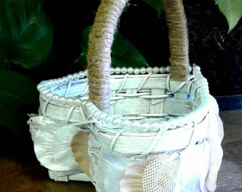 Flower Girl Basket, Heart-shaped Wicker with Rose Petals, Pearls and Ribbon