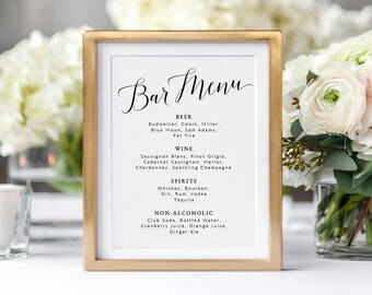 Wedding Bar Menu Sign Template | Printable Bar Menu Wedding Sign | DIY Wedding Sign Bar Menu Printable | Table Sign Wedding Template