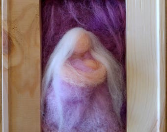 Mother and Baby - needle felted wool framed art