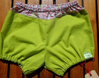 Bloomers in pistachio green cotton and kiwi/watermelon patterns