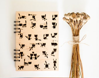 Cats notebook Wooden notebook Wood journal Travel journal Engraved notebook Custom journal Sketchbook Laser engraved journal