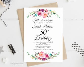 Surprise 50th Birthday Invitation, Floral Birthday Invitation, Any Age Women Birthday Invite, PERSONALIZED, Digital file, #W71