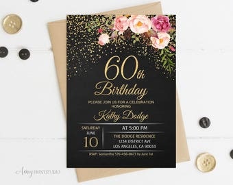 60th Birthday Invitation, Floral Women Birthday Invitation, Chalkboard Birthday Invite, PERSONALIZED, Digital file, #W16